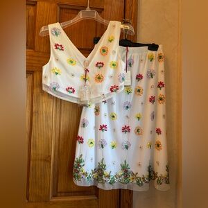 RAGA NWT $142 Lily Embroidered Sequin Tulle Skirt Set S White Multi